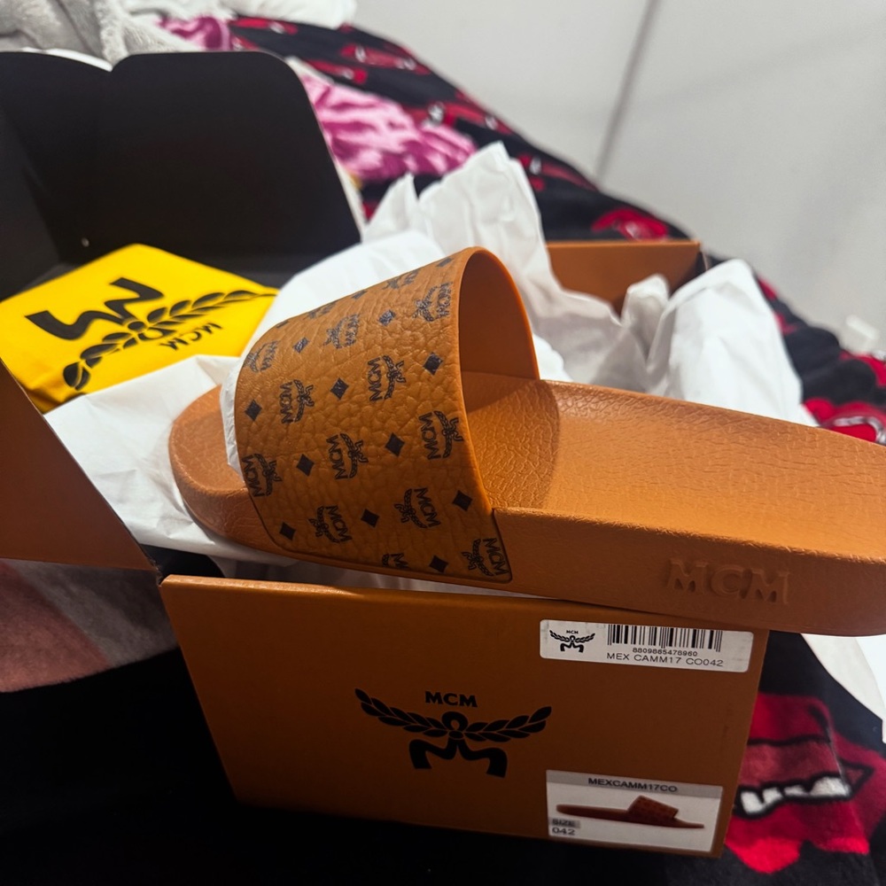 MCM Cognac Logo Slide Sandals